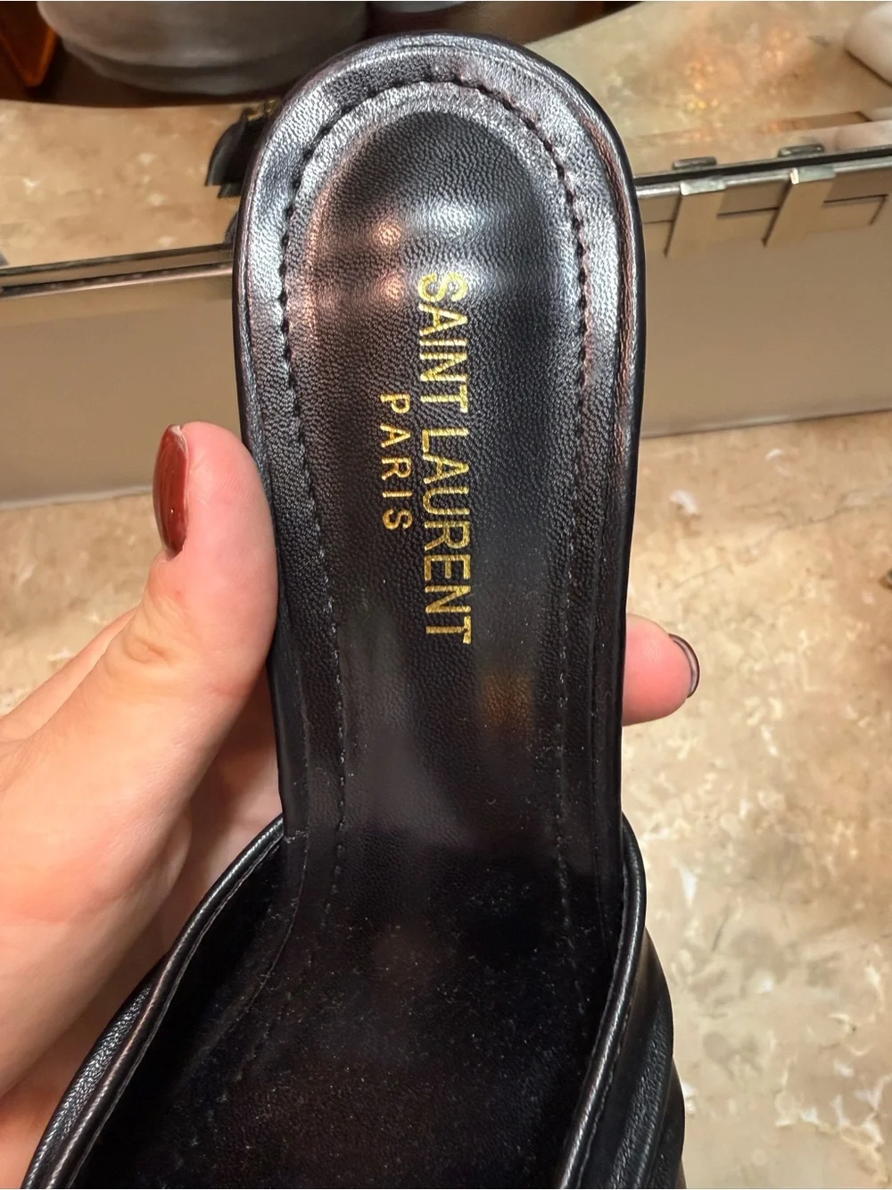 Saint Laurent Black Leather Slide with Gold Logo - Picture 2 of 5
